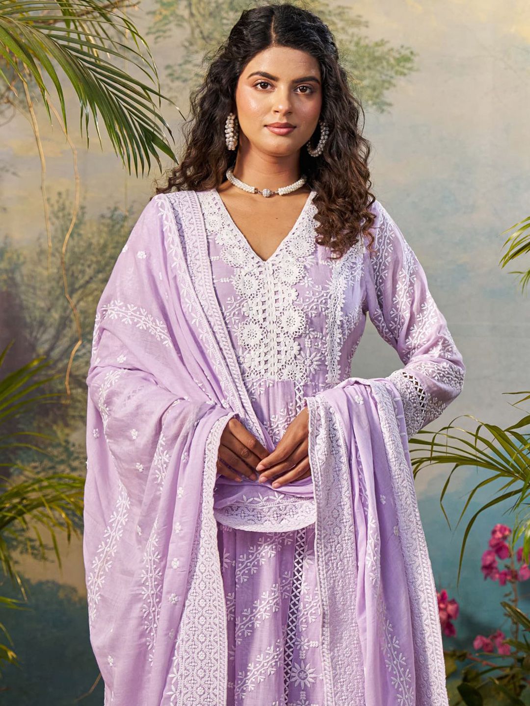 Floral Embroidered V Neck Anarkali Pure Cotton Kurta With Trousers & Dupatta