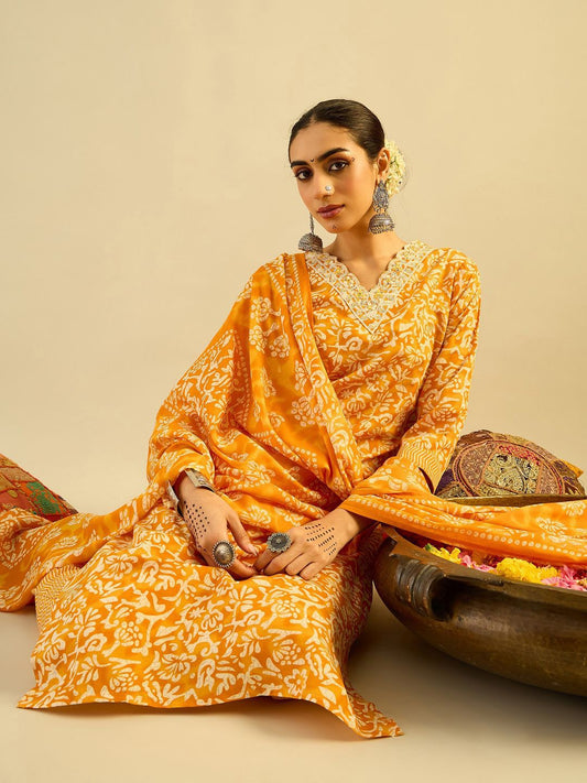 Dhiyona IE Mustard Yellow Floral Printed V-Neck Thread Work Kurta with Trousers & Dupatta