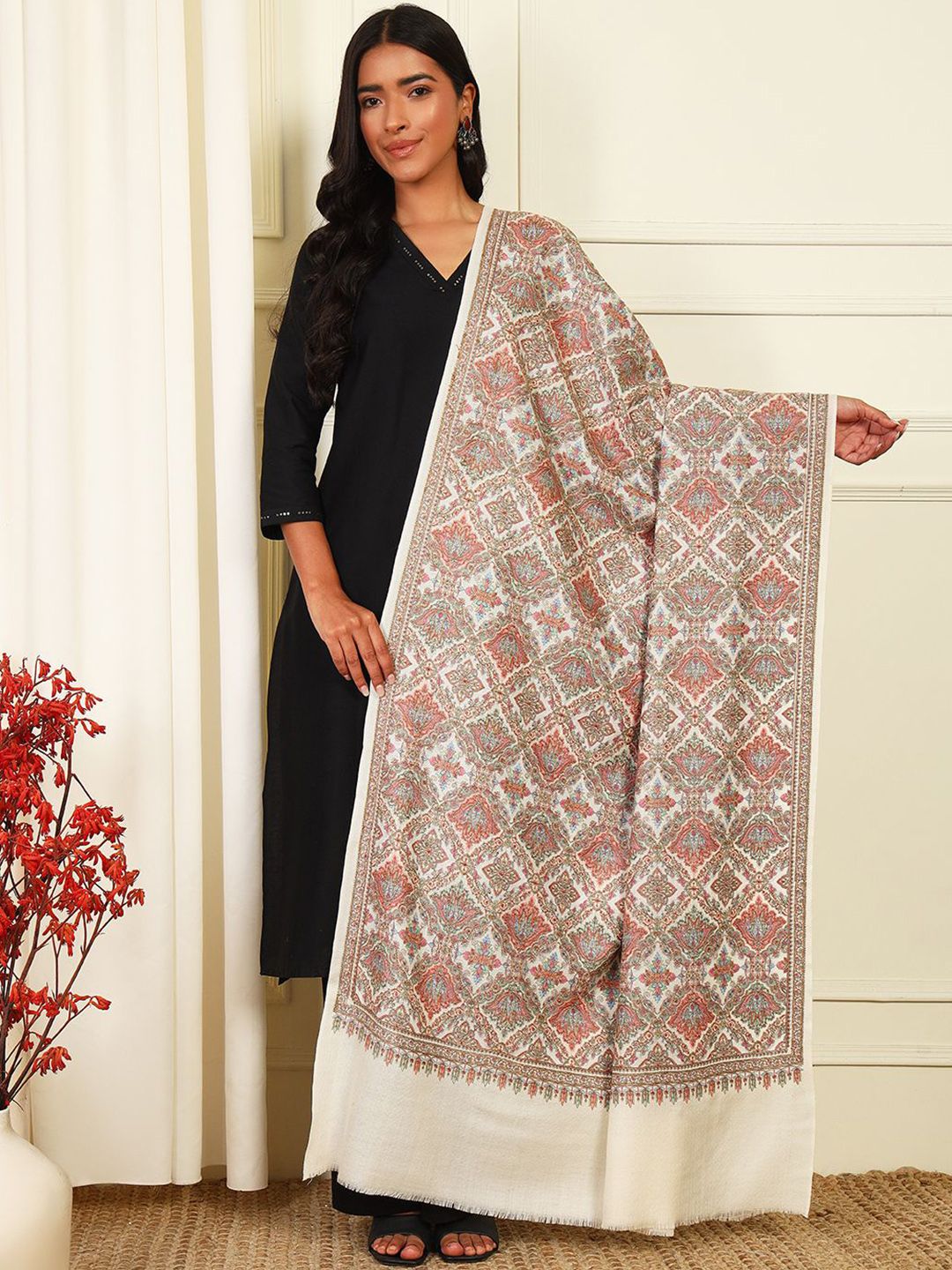 Dhiyona PA Ethnic Motifs Embroidered Woollen Silk Shawl