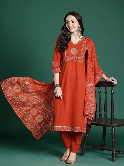 Ethnic Motifs Printed Pure Cotton Kurta with Trousers & Dupatta