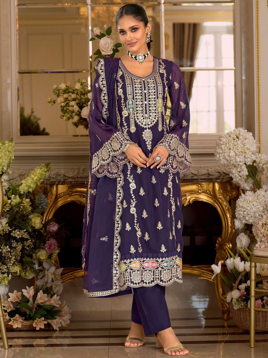 Dhiyona IE Women's Ethnic Motifs Embroidered Zari Organza Straight Kurta & Trousers With Dupatta