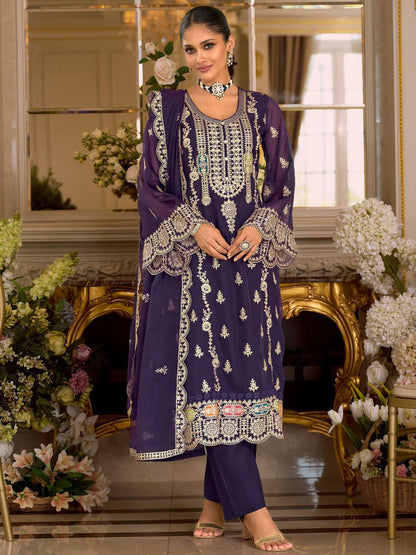 Dhiyona IE Women's Ethnic Motifs Embroidered Zari Organza Straight Kurta & Trousers With Dupatta