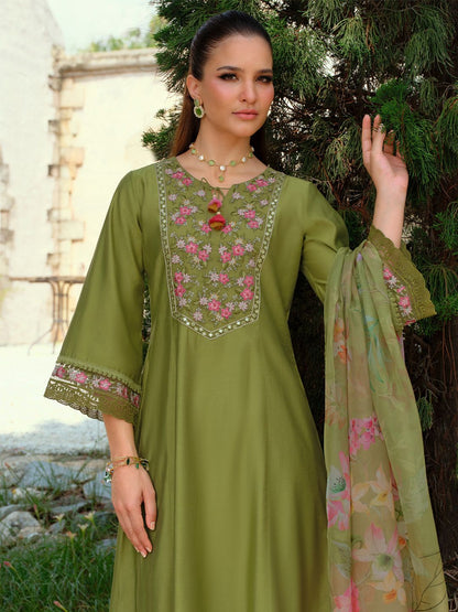 Floral Embroidered Tieup Neck Liva A-Line Kurta With Trousers & Dupatta