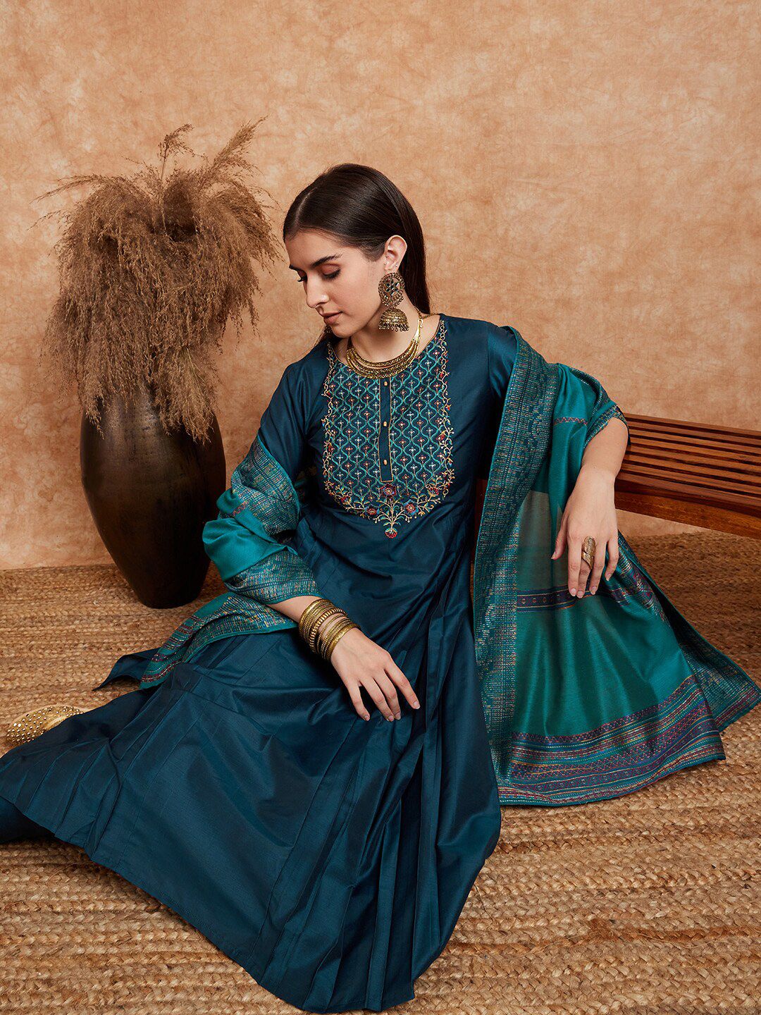 Dhiyona SN Women's Teal Blue Embroidered Zari Sequence A Line Kurta & Trousers Dupatta