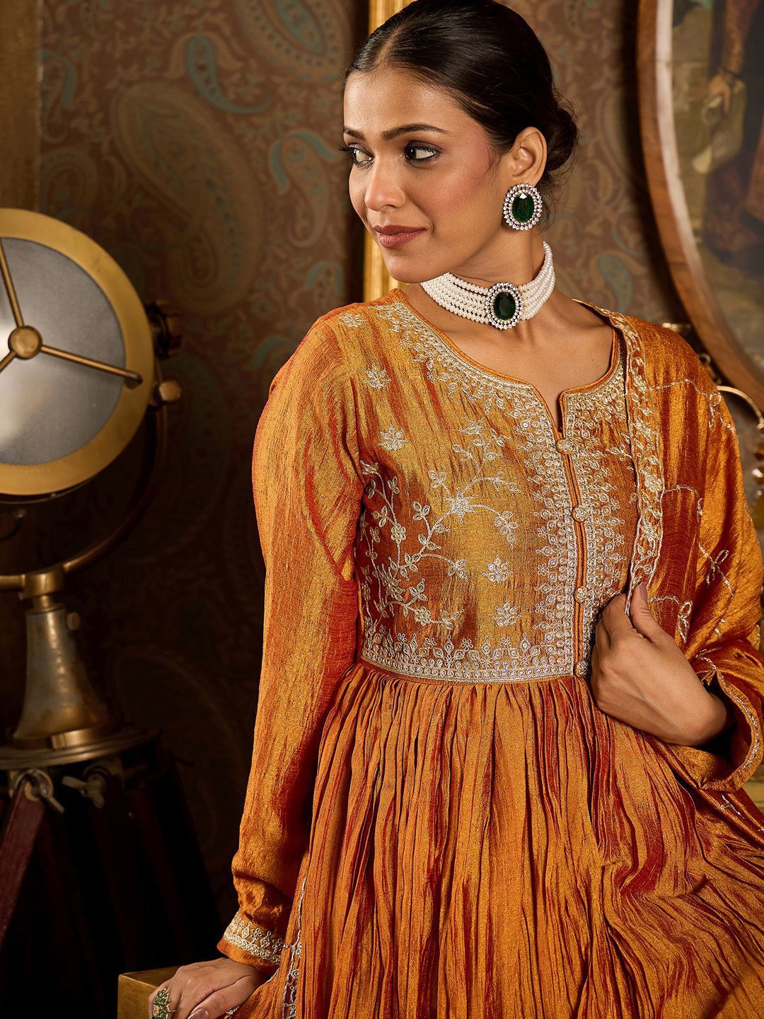 Floral Yoke Design Pleated Thread Work Anarkali Kurta With Trousers & Dupatta