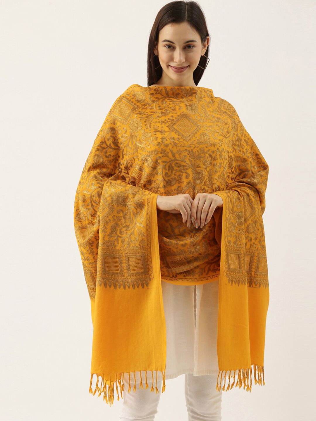 Dhiyona PA Women Pure Woolen Yellow Floral Embroidered Shawl