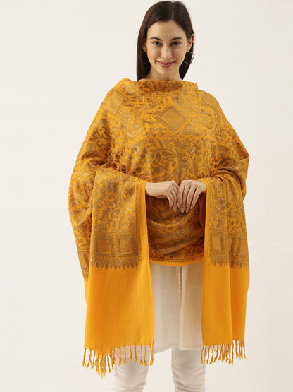 Dhiyona PA Women Pure Woolen Yellow Floral Embroidered Shawl
