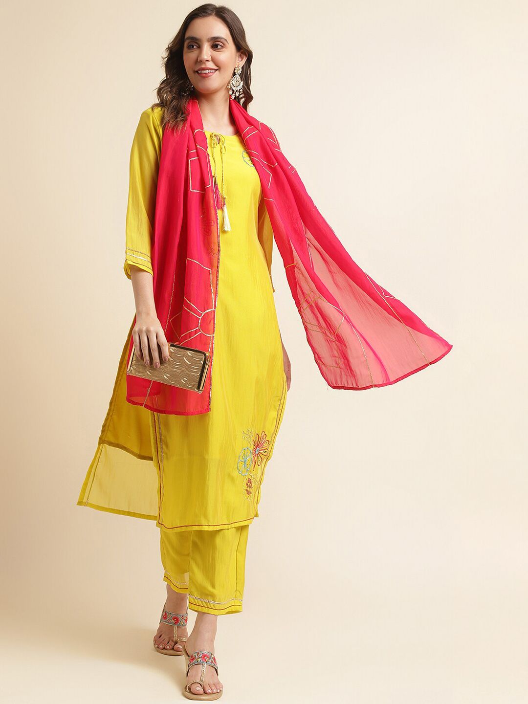 Dhiyona IS Women's Women Yellow & Pink Floral Embroidered Sequinned Kurta With Trousers & Dupatta