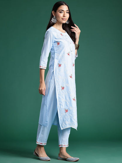Dhiyona IE Women Ethnic Motifs Embroidered Regular Thread Work Pure Cotton Kurta with Trousers & With Dupatta