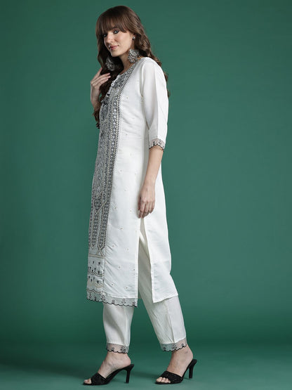 Embroidered Kurta with Trousers & Dupatta