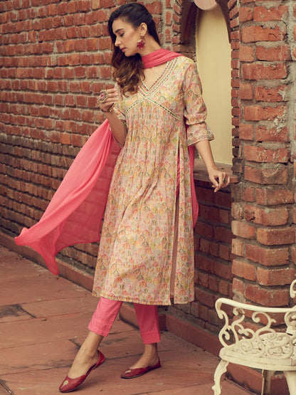 Dhiyona IS Women's Ethnic Motifs Printed Mirror Work Empire Anarkali Kurta with Trousers & Dupatta