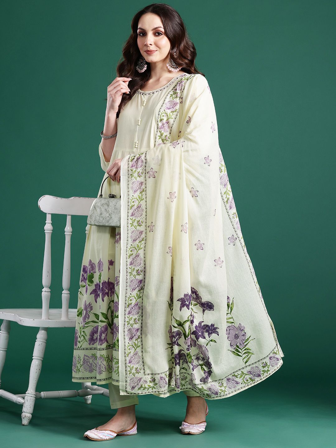 Dhiyona IE Floral Printed Beads & Stones Pure Cotton Kurta With Trousers & Dupatta