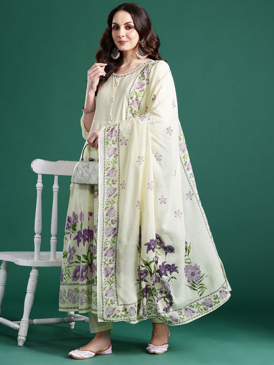 Floral Printed Beads & Stones Pure Cotton Kurta With Trousers & Dupatta
