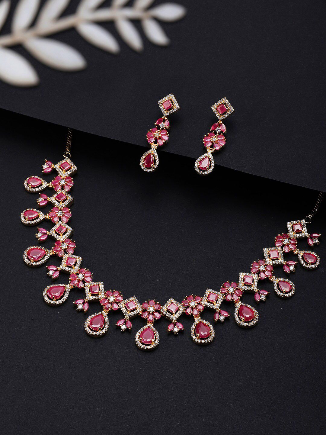 Dhiyona RJ Women's 22K Gold-Plated Ruby Pink & White Cubic Zirconia Studded Floral Drop Necklace Set