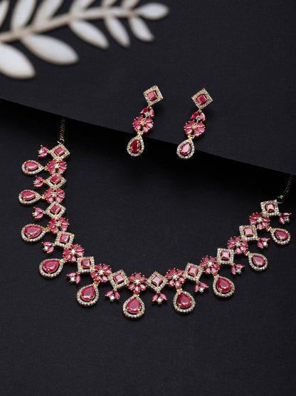 Dhiyona RJ Women's 22K Gold-Plated Ruby Pink & White Cubic Zirconia Studded Floral Drop Necklace Set