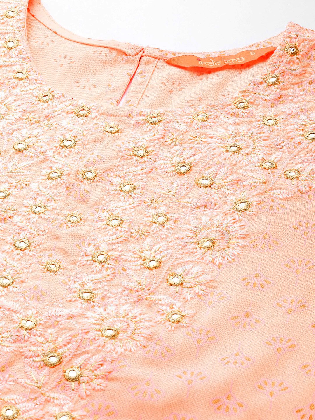 Women Peach-Coloured Embroidered Mirror Work Kurta with Trousers & Dupatta