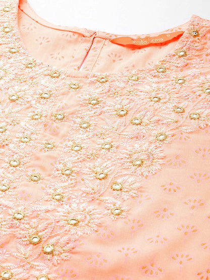 Women Peach-Coloured Embroidered Mirror Work Kurta with Trousers & Dupatta