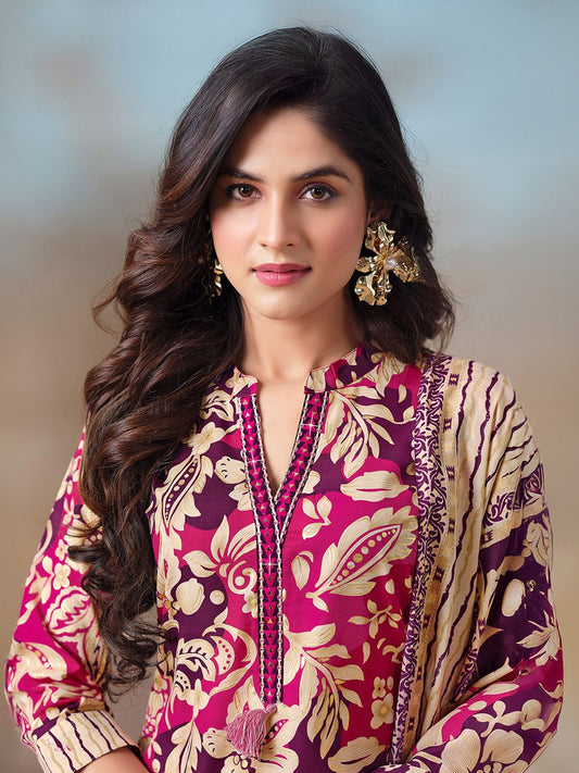 Dhiyona VA Women's Floral Printed Regular Mirror Work Kurta with Trousers & With Dupatta
