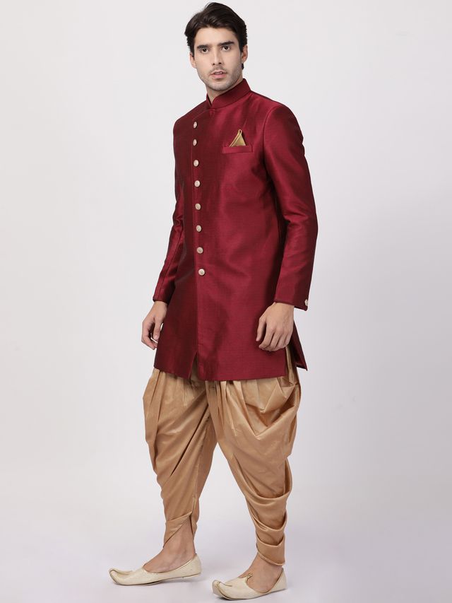Men's Maroon Silk Blend Straight Sherwani Set