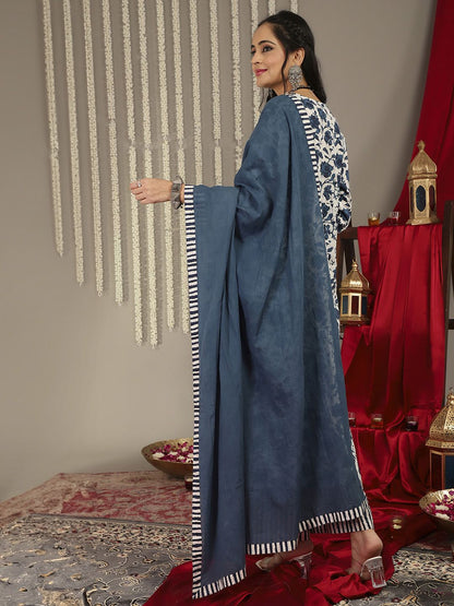 Dhiyona VA Women'sFloral Printed Kantha Work Pure Cotton Kurta With Palazzos & Dupatta