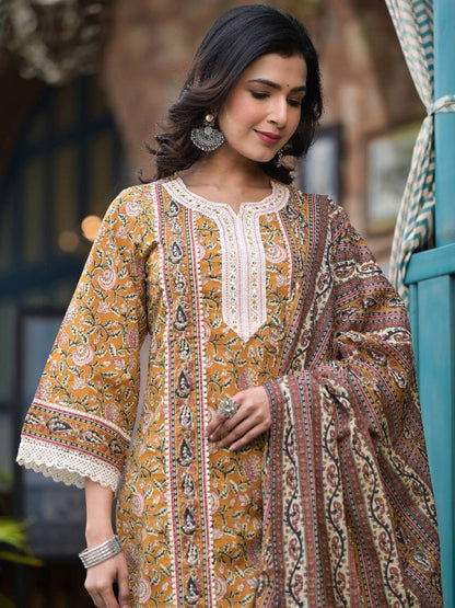 Dhiyona VA Women'sFloral Printed Regular Mirror Work Pure Cotton Kurta with Trousers & Dupatta