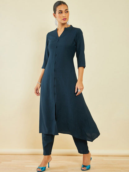 Dhiyona SO Women's Navy Blue Regular A-Line Kurta With Trousers
