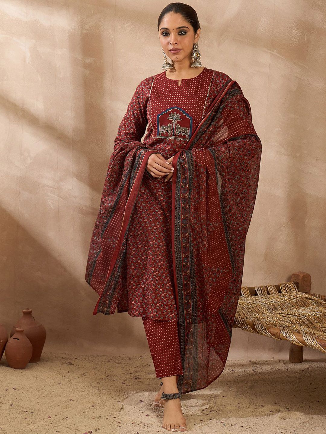Women Ethnic Motifs Printed Regular Pure Cotton Kurta with Trousers & With Dupatta