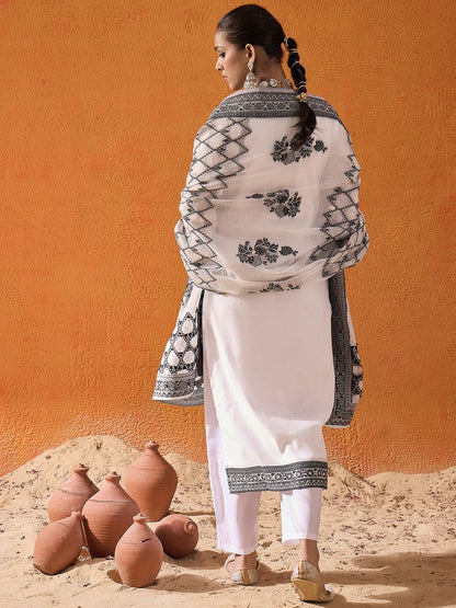 Dhiyona IE White Floral Printed V-Neck Straight Kurta with Trousers & Dupatta
