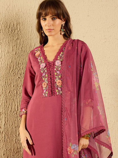 Women Floral Yoke Design Regular Thread Work Kurta with Trousers & With Dupatta