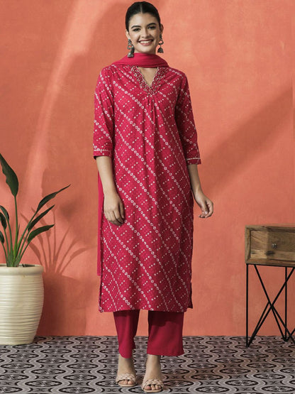 Dhiyona SN Women's Bandhani Printed V-Neck Pleated Pure Cotton Straight Kurta With Trouser & Dupatta