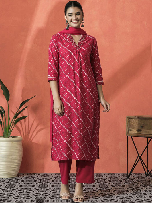 Dhiyona SN Women's Bandhani Printed V-Neck Pleated Pure Cotton Straight Kurta With Trouser & Dupatta