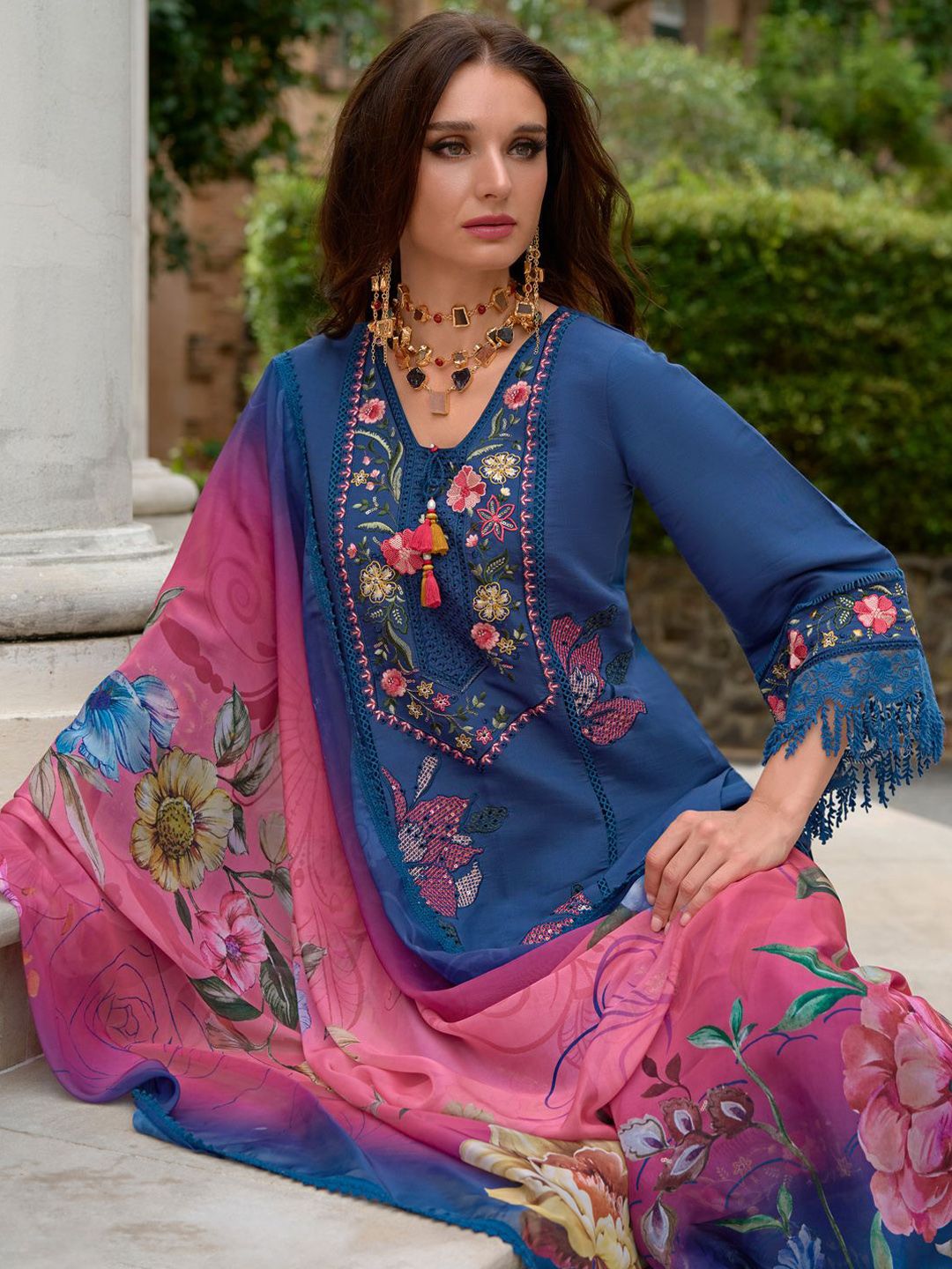 Dhiyona IE Women Floral Embroidered Panelled Thread Work Pure Silk Kurta with Trousers & With Dupatta