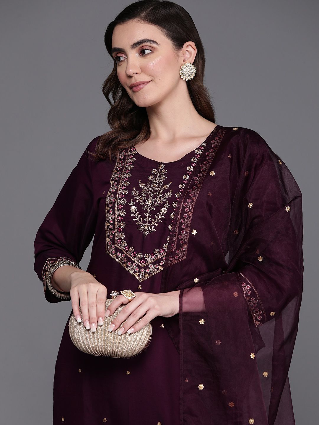 Dhiyona IE Floral Embroidered Regular Kurta with Trousers & Dupatta