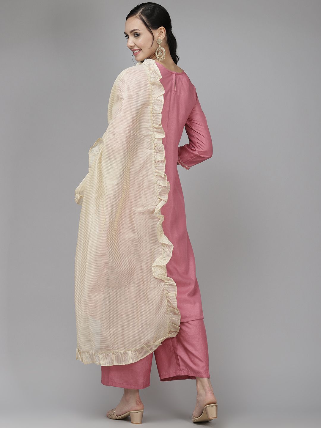 Dhiyona IE Women Pink Floral Yoke Design Regular Gotta Patti Kurta with Trousers & With Dupatta