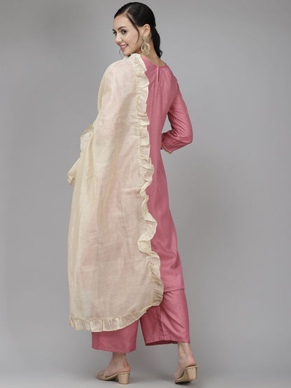 Dhiyona IE Women Pink Floral Yoke Design Regular Gotta Patti Kurta with Trousers & With Dupatta