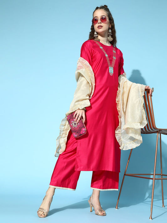 Dhiyona IE Women Pink Yoke Design Liva Kurta with Palazzos & Dupatta