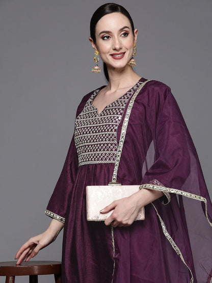 Women Purple Yoke Design Mirror Work Kurta with Trousers & With Dupatta
