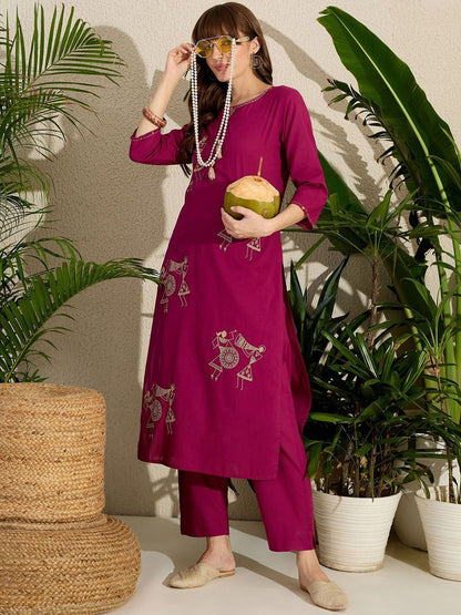 Dhiyona IE Women's Women Embroidered Regular Pure Cotton Kurta with Trousers