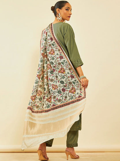 Dhiyona SO Women's Floral Embroidered Round Neck Three-Quarter Sleeves Zardozi Kurta Set