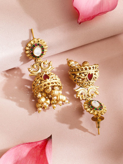 Dhiyona RJ Women's 22K Gold Plated Ruby,Emerald Kundan Studded Pearl & Gold Beaded Jewellery Set