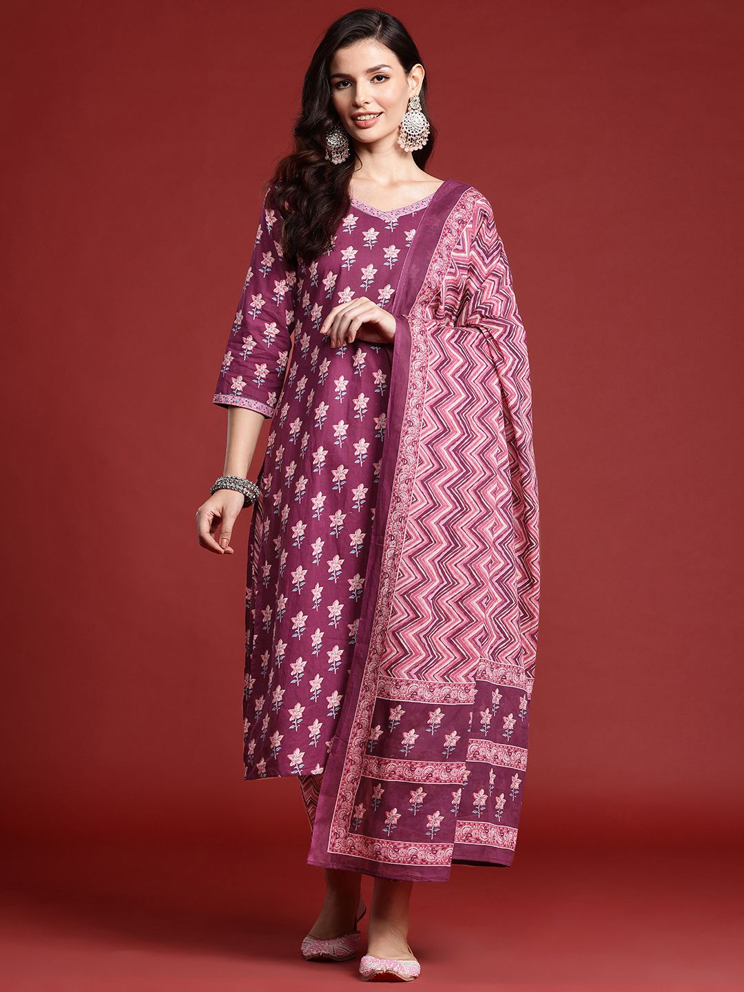 Dhiyona IE Floral Printed Pure Cotton Kurta With Trousers & Dupatta