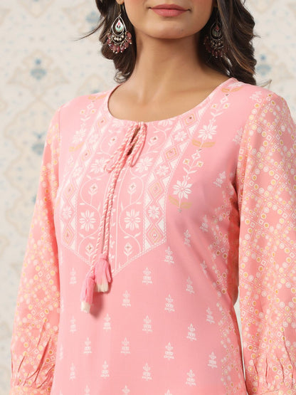 Dhiyona OD  Ethnic Motif Printed Tie Up Neck A-Line Kurta With Trousers
