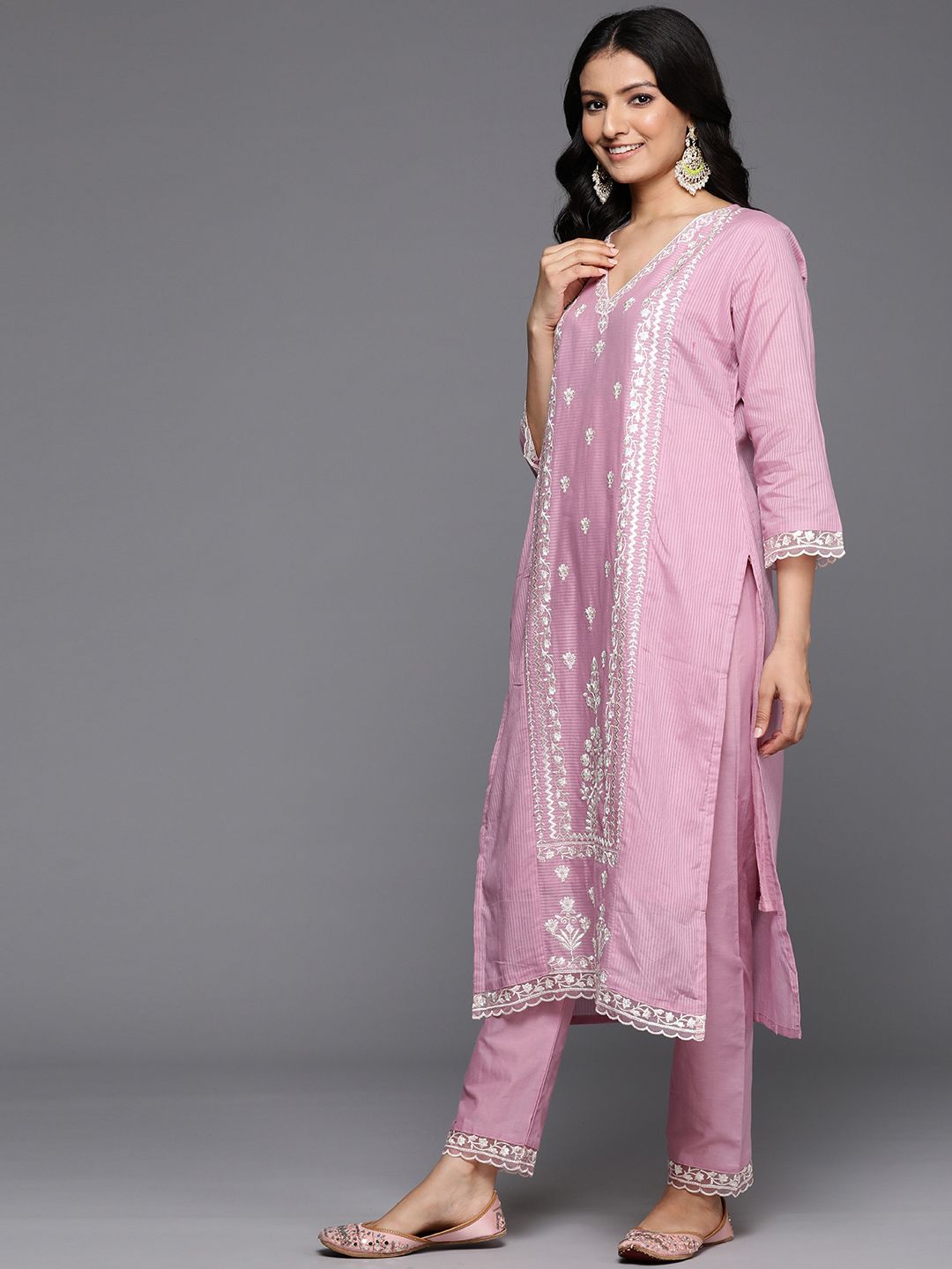 Dhiyona VA Women's Floral Embroidered Thread Work Cotton Kurta with Trousers & With Dupatta