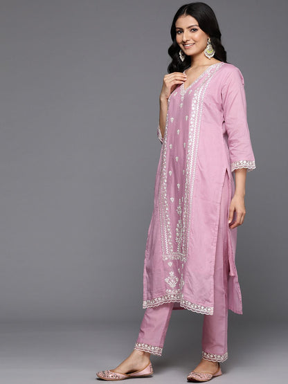 Dhiyona VA Women's Floral Embroidered Thread Work Cotton Kurta with Trousers & With Dupatta