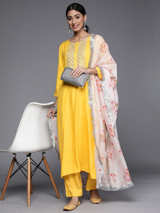 Dhiyona VA Women's Yellow Yoke Design Mirror Work Kurta with Trousers & Dupatta