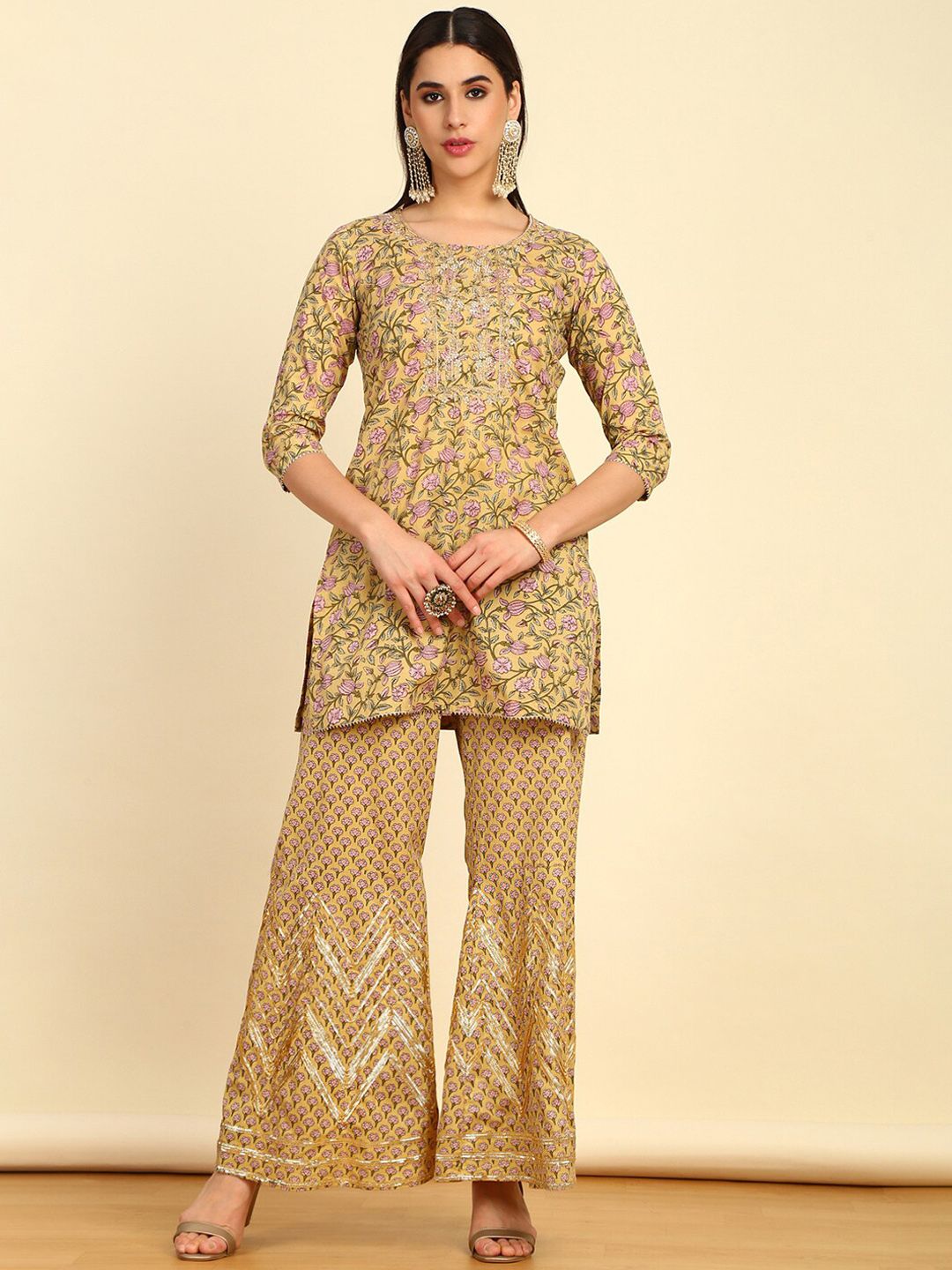 Dhiyona SO Women's Floral Printed Regular Zardozi Pure Cotton Kurti with Sharara & Dupatta