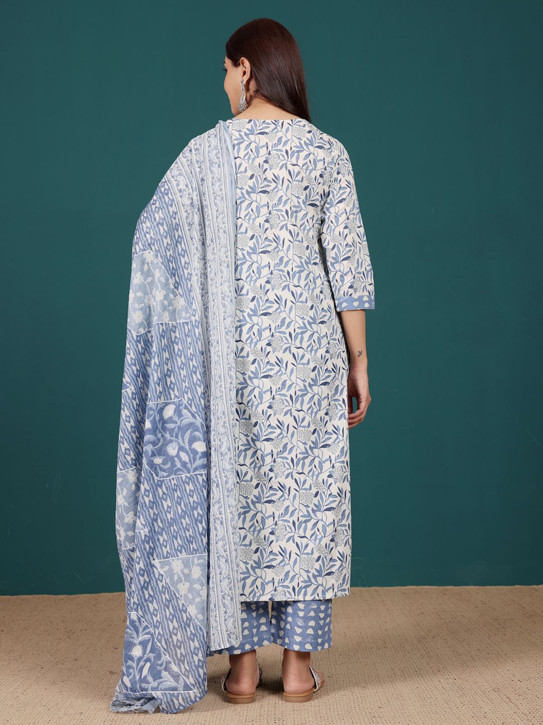 Dhiyona VA Women'sFloral Printed V-Neck Pure Cotton Straight Kurta With Trousers & Dupatta