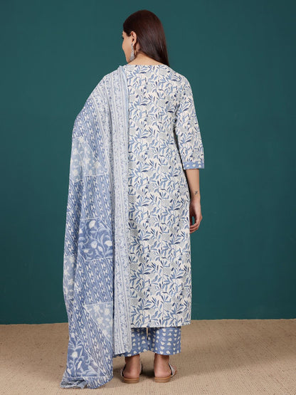 Dhiyona VA Women'sFloral Printed V-Neck Pure Cotton Straight Kurta With Trousers & Dupatta