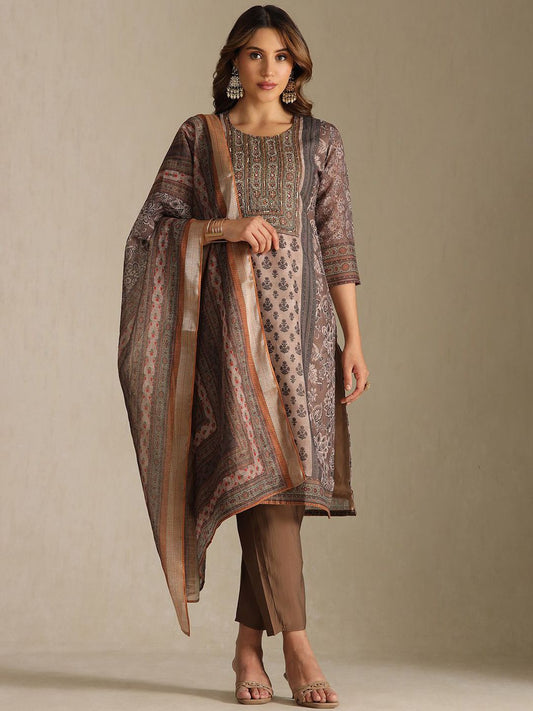 Dhiyona SO Women's Women Ethnic Motifs Printed Regular Beads and Stones Kurta With Trousers & Dupatta