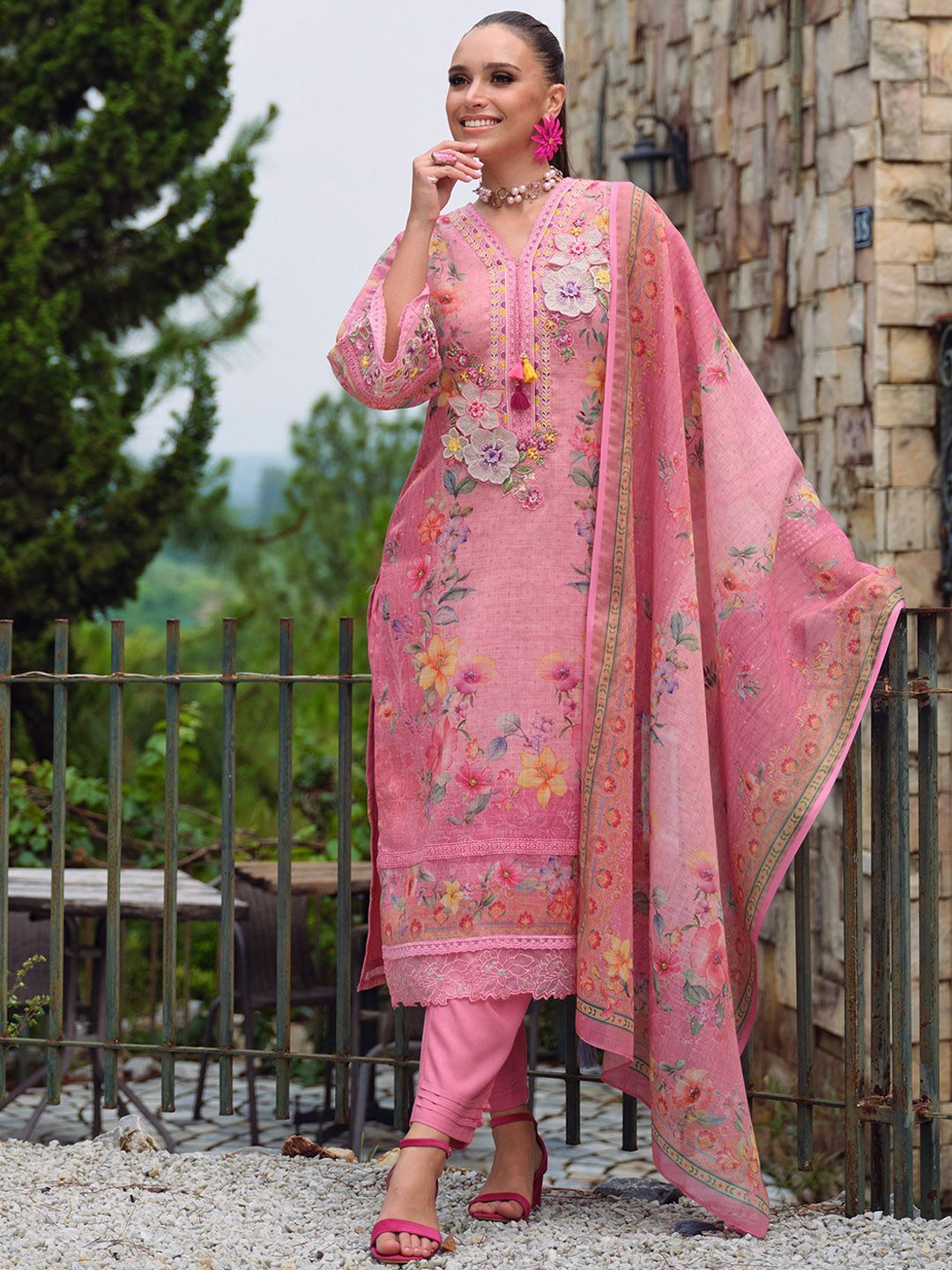 Women Floral Embroidered Beads and Stones Kurta with Trousers & With Dupatta